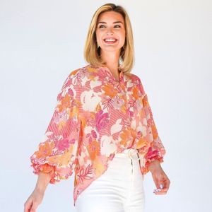Fate Boutique Multi Floral 3/4 Baloon Sleeve Button Up Blouse Women’s Large